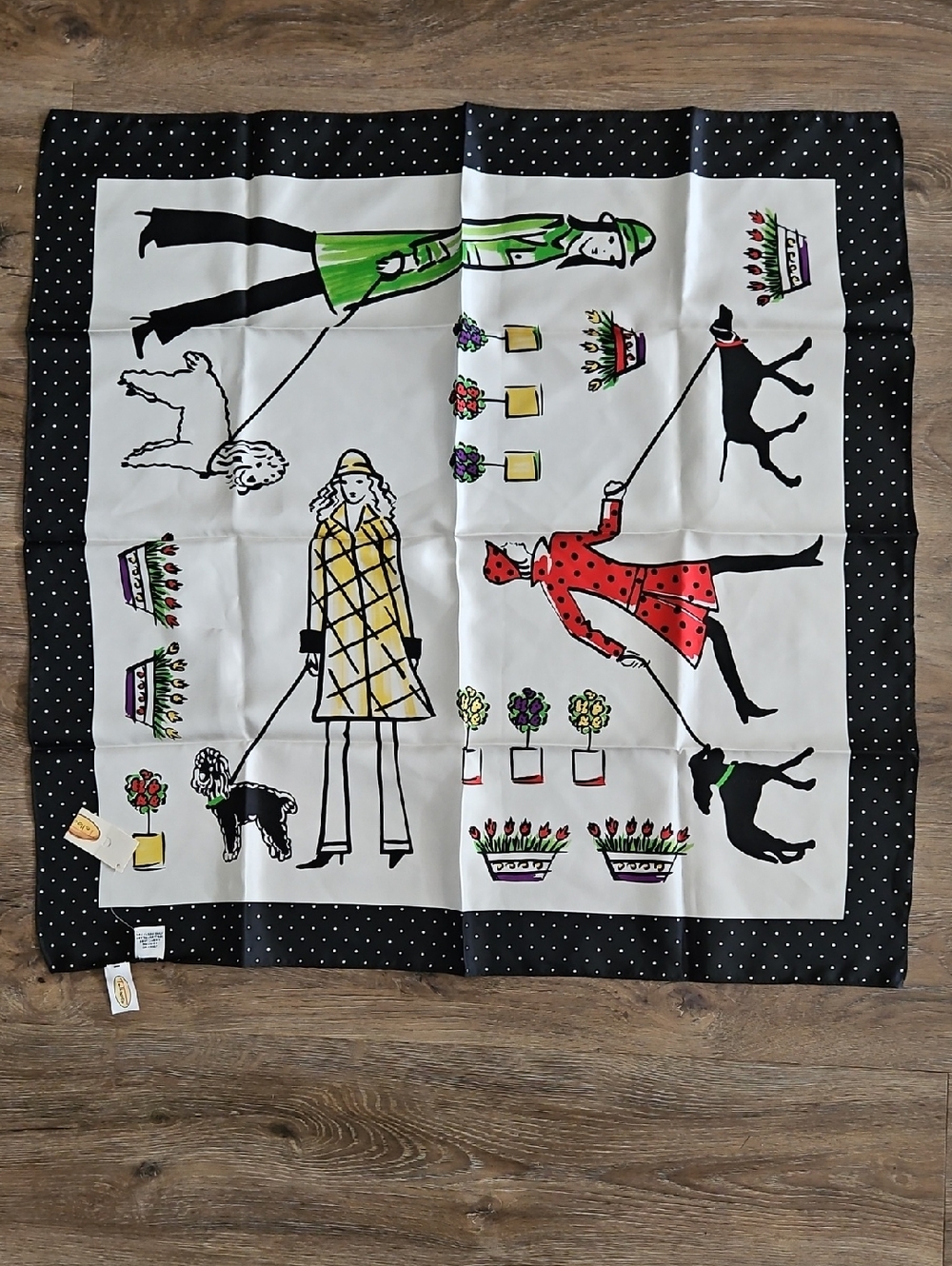 Vintage Graphic Dog Walkers Silk Scarf in Black, White, Green & Red
